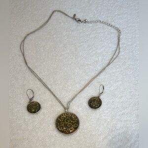 Baked Beads Necklace & Earrings Set Amber Scroll Resin Silver Tone Double Chain